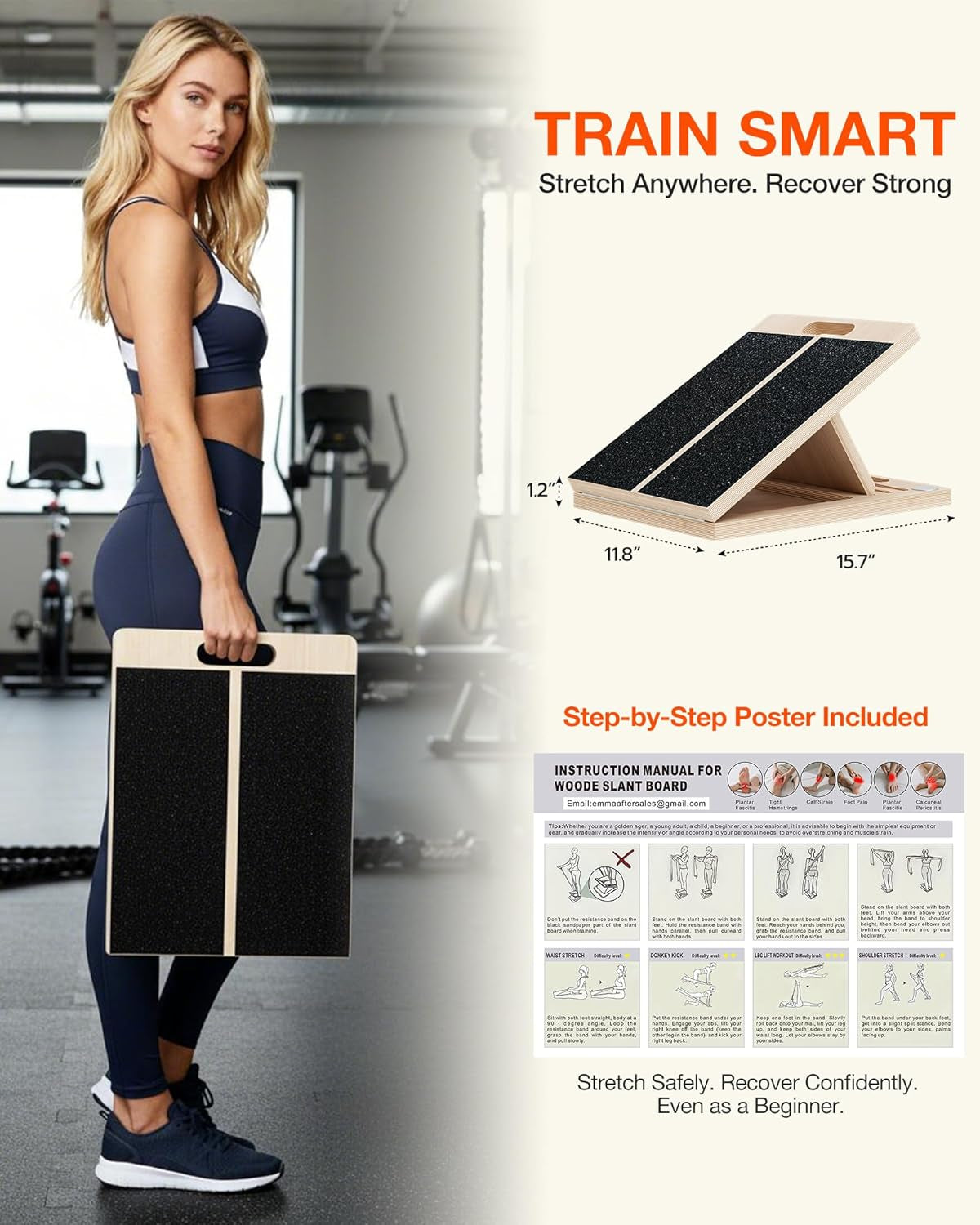 Portable Wooden Slant Board for Calf Stretching and Exercise, Adjustable Incline Wedge for Squats and Balance